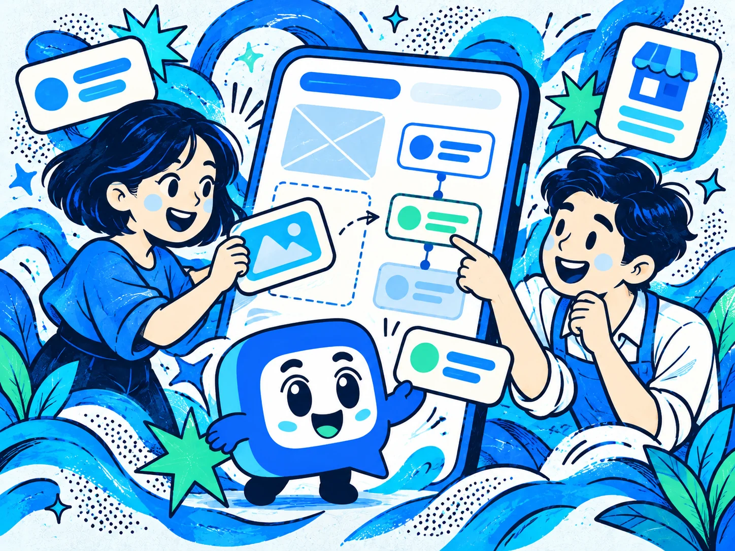 Tranh minh họa mascot Taloka cùng hoạt động Trải nghiệm & thiết kế cho phần giới thiệu Taloka.