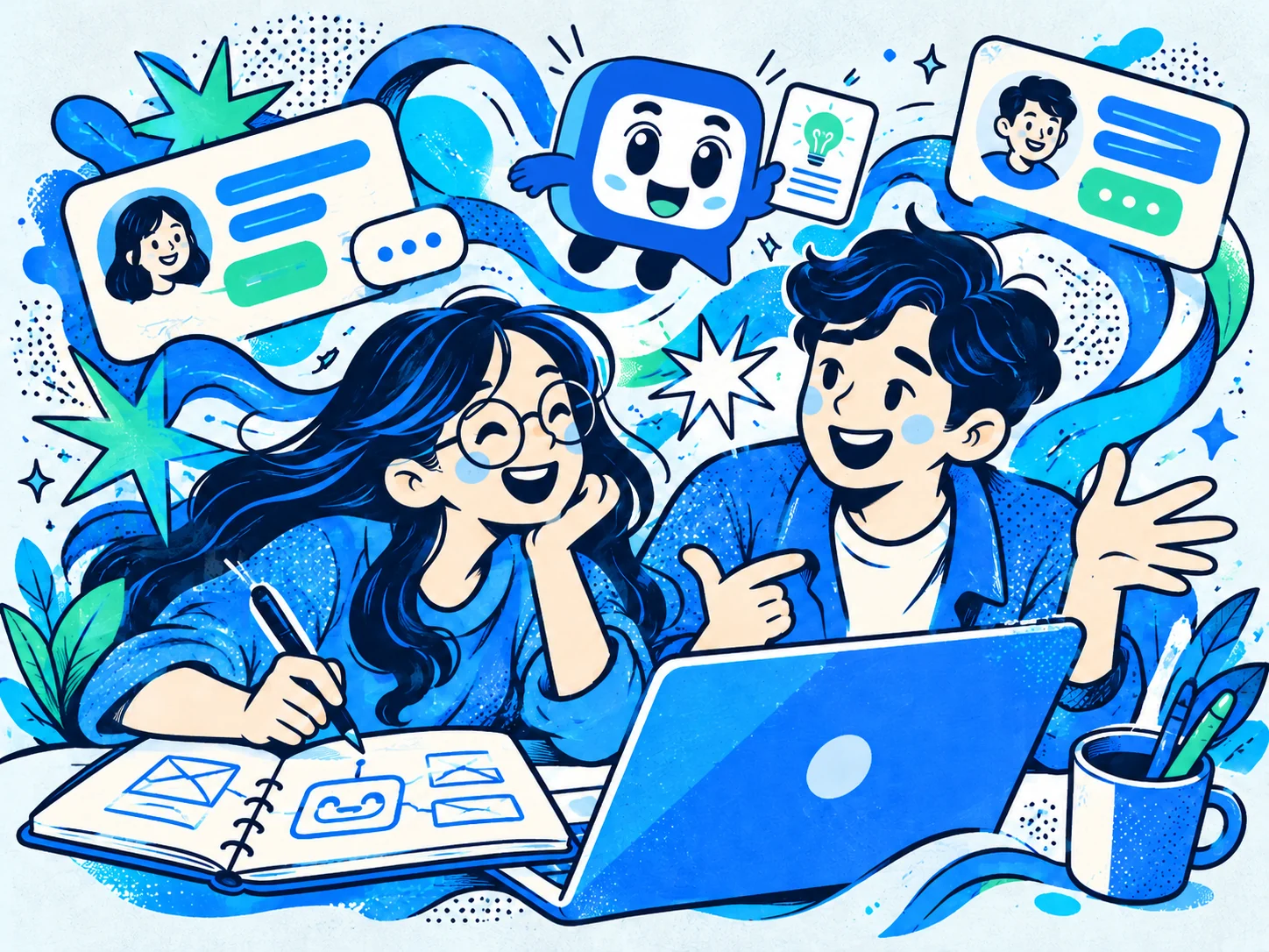 Tranh minh họa mascot Taloka cùng hoạt động Sản phẩm & công nghệ cho phần giới thiệu Taloka.
