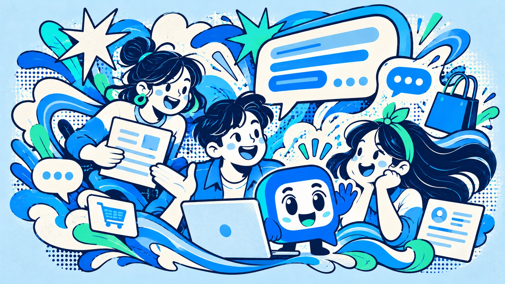 Tranh minh họa nhóm cộng sự và mascot Taloka cùng trao đổi ý tưởng chăm sóc khách hàng.