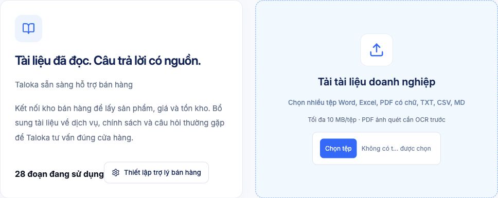 Vùng Tải tài liệu doanh nghiệp và nút Thiết lập trợ lý bán hàng trong Taloka.