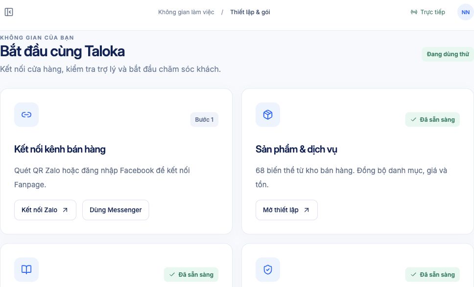 Các thẻ thiết lập kênh bán hàng và sản phẩm trong Taloka.